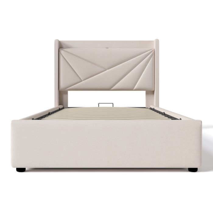Lit simple - MUVOE - 90x200 - Rembourré - Tête de lit avec USB-C - Rangement intégré