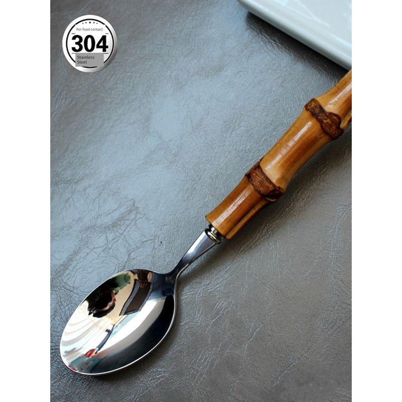 304 Stainless Steel Spoon Japanese Pastoral Style Bamboo Oven Mitts Long Handle Soup Spoon For Home Meal Spoon Rice Spoon Spoon