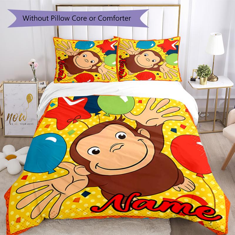 3pcs Custom Name Curious George Bedding Set Duvet Cover Closure Includes 1 Duvet Cover & 2 Pillowcases for All Seasons Bedroom Decor