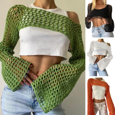 Женский свитер, вязаный крючком, ажурный укороченный топ, стильная удобная блузка, уличная одежда на осень