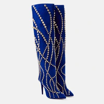 Модный бренд Полностью металлические заклепки Украшение Показ мод Длинные сапоги Женские Замшевые Стройные Высокий каблук Острый носок Блестящие Сапоги средней длины Размер 34-43