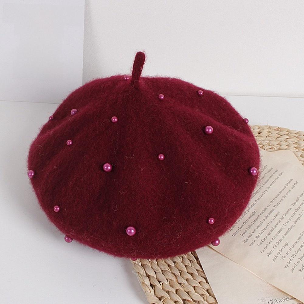 Pearl Children's Beret Woolen Painter Hat Fashion Baby Wool Hat  Kid
