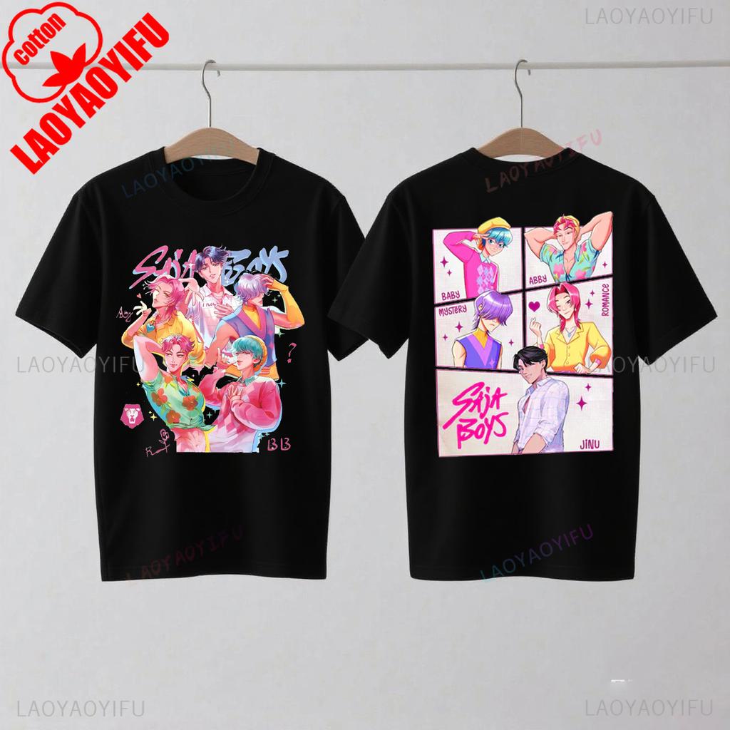 Saja Boys Kpop Охотники на демонов Двусторонняя хлопковая футболка Huntrix Мерч Охотника на демонов Футболки Jinu Saja Эбби Тайна Романтика Малыш Саджа