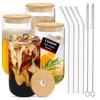 1 Set 500ml Glass Cup with Straw Wooden Lid Silicone Sealing Ring High Temperature Resistant Can Shaped Drinking
