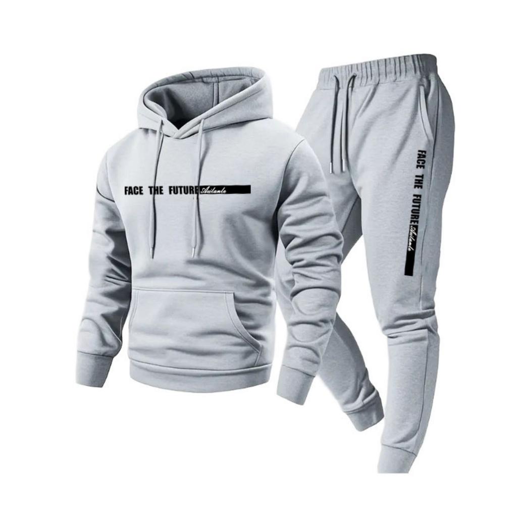 Men's Casual Solid Color Letter-printed Sweatshirt Set, Men's Fleece Hooded Drawstring Sweatshirt And Sweatpants Two-piece Set