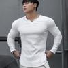 Футболка с резьбой, облегающая базовая, с длинным рукавом, мужская, V-образный вырез, однотонная, эластичная, для фитнеса, нижнее белье, спортивная тренировка