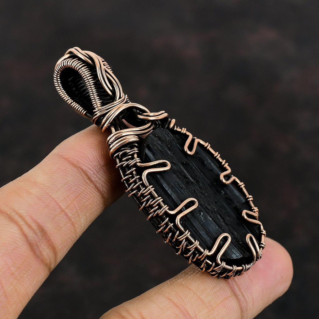 Черный турмалин грубый кулон медная проволока обернутая кулон ручная работа проволочная обертка ювелирные изделия удивительный кулон драгоценный камень медные ювелирные изделия подарок для жены