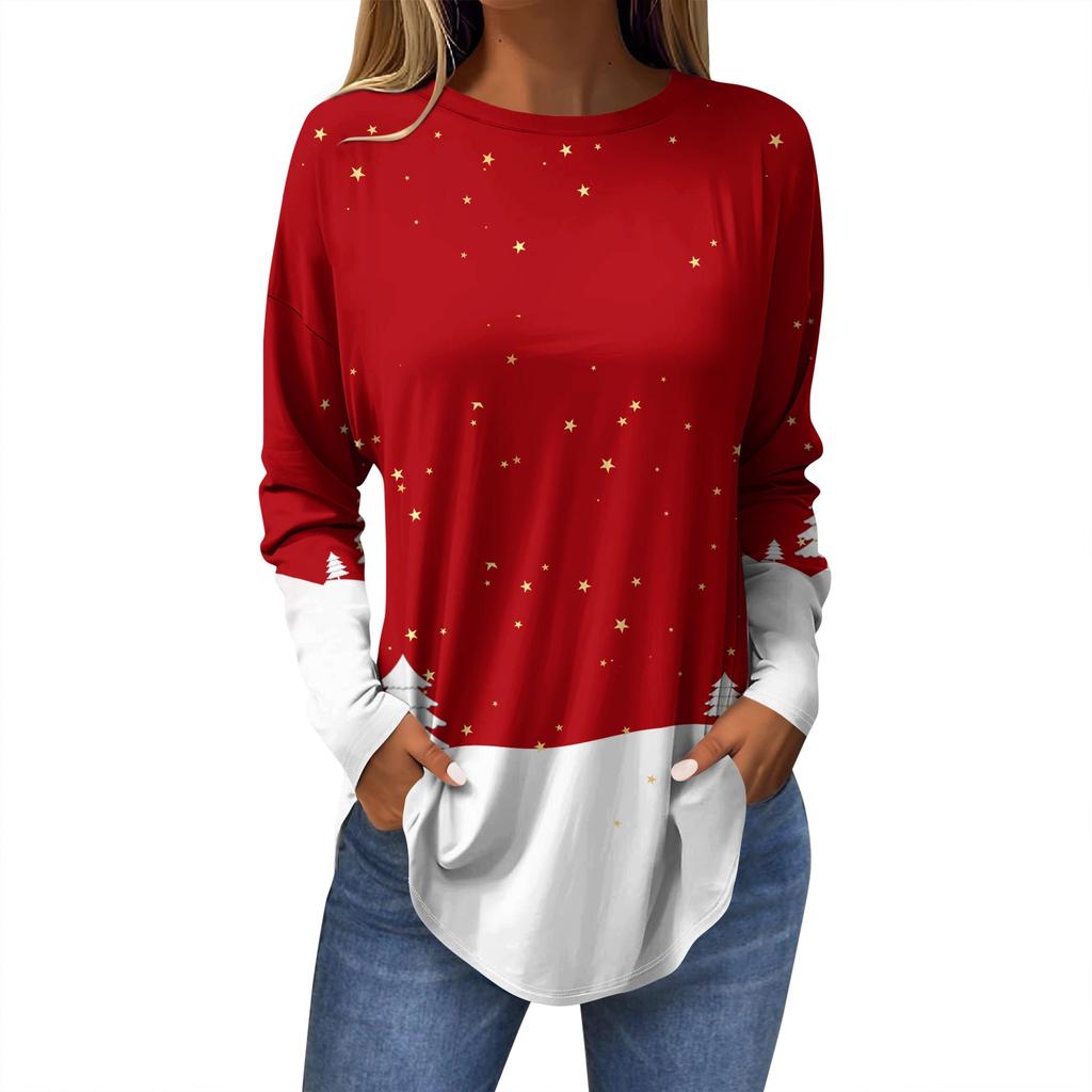 Женская модная повседневная футболка с круглым вырезом и длинным рукавом с рождественским принтом