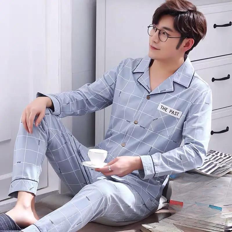 Весенне-летняя хлопковая мужская пижама с длинными рукавами, брюки, пижамный костюм для мальчиков, повседневный домашний костюм для подростков