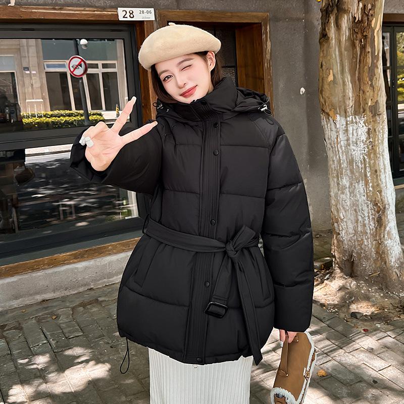 Hooded cotton clothes, women's lace-up waist short coat, a thickened loose cotton coat in autumn and winter
