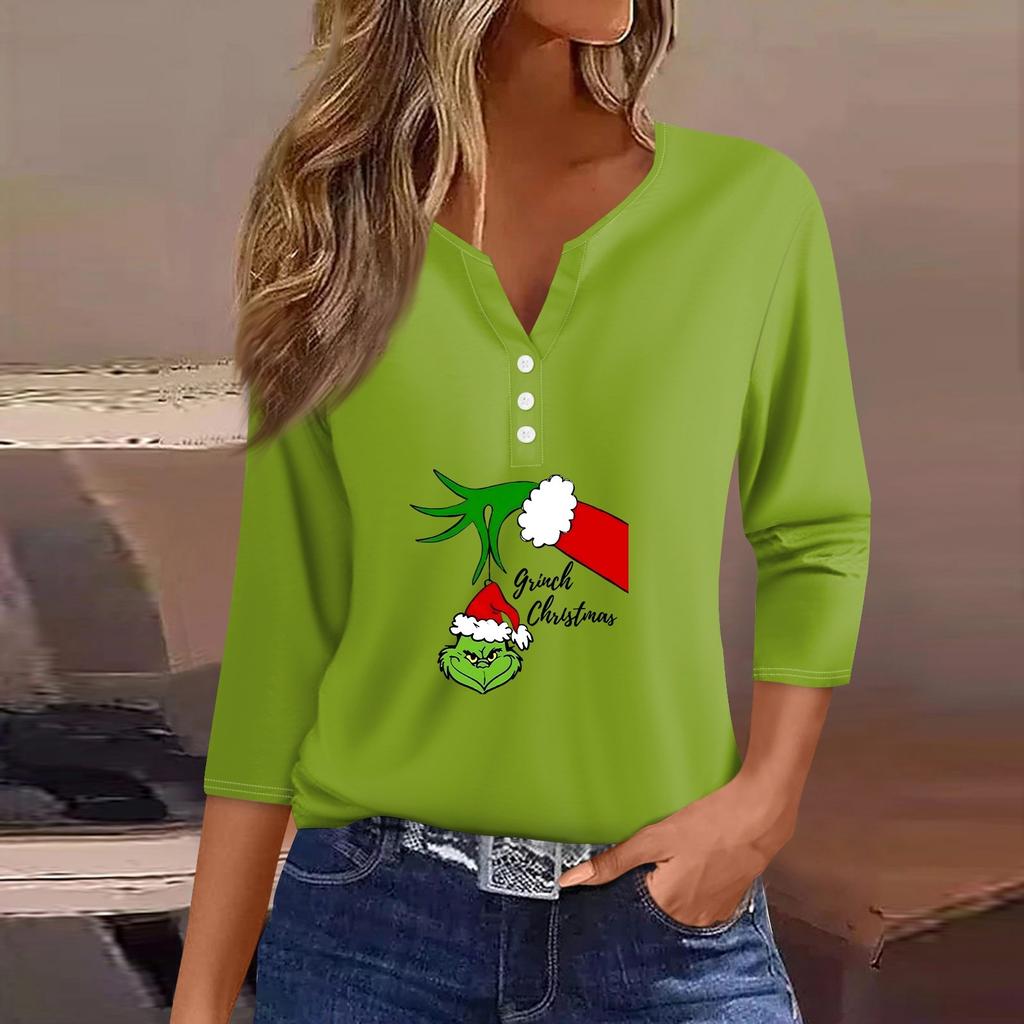 Women's T Shirt Tee Christmas Print Button  3/4 Sleeve Daily Weekend Fashion Basic V- Neck Regular Top