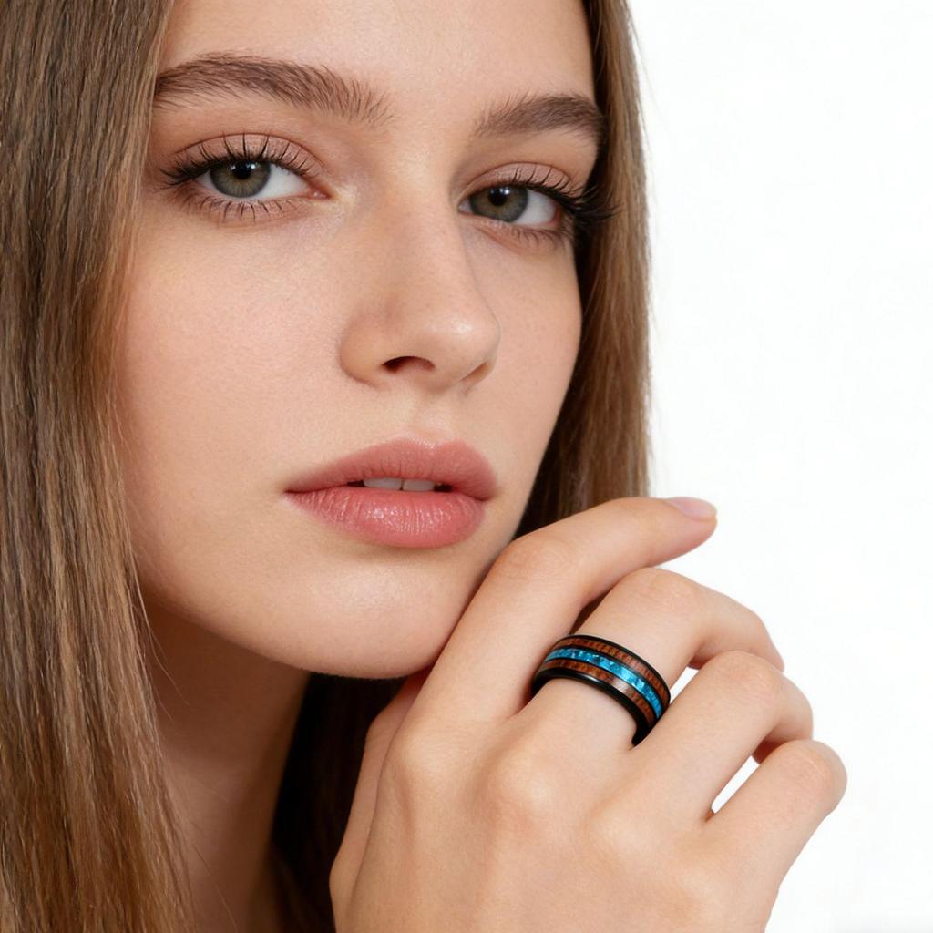 Мужское кольцо из титановой стали с инкрустацией из древесины акации и перламутра