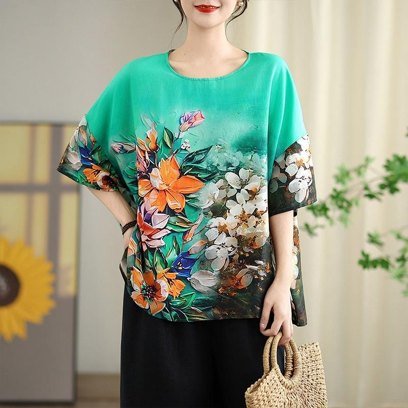 Короткий рукав, свободная винтажная футболка с цветочным принтом, повседневная, свободная, женская летняя футболка