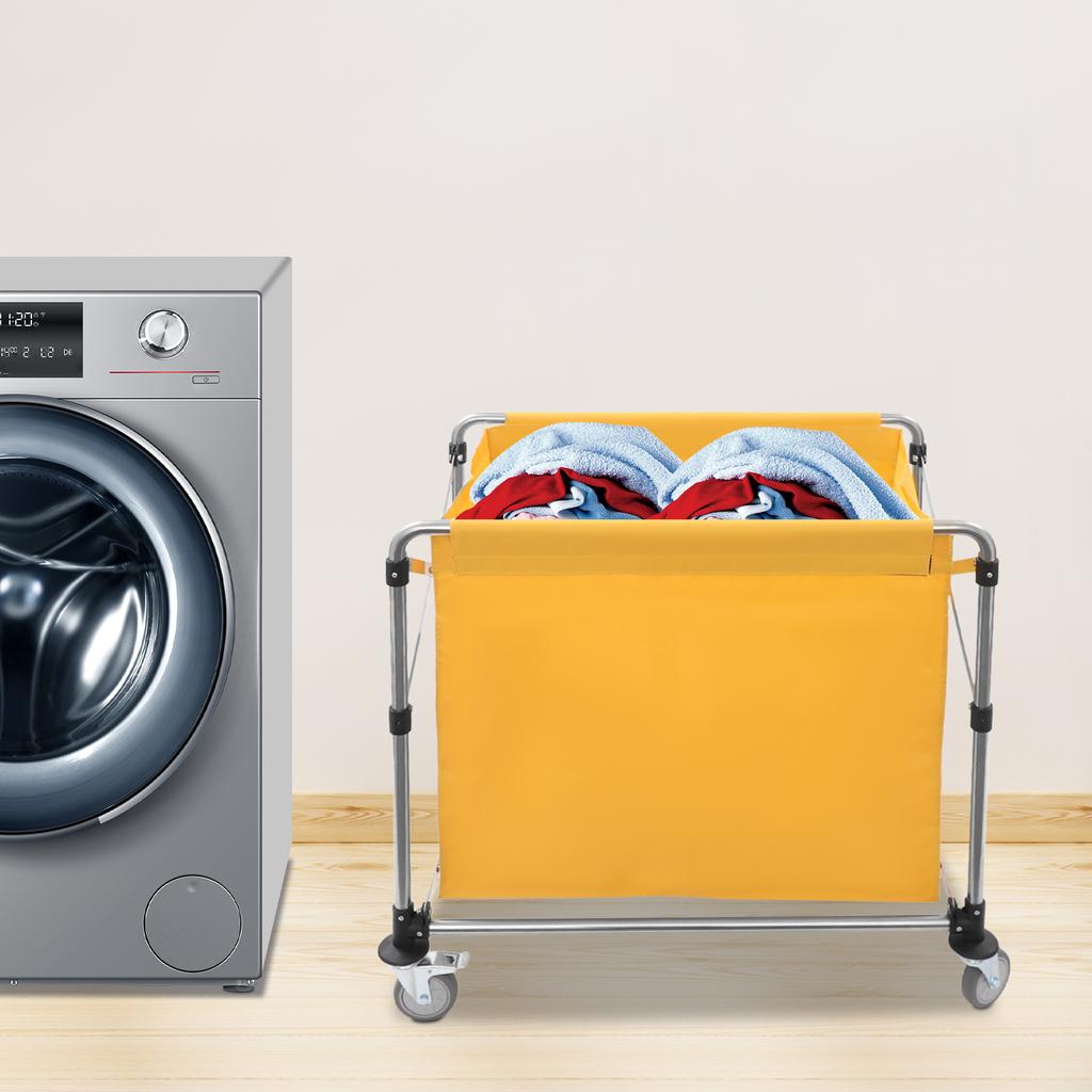 Foldable Commercial Laundry Cart with Wheels, Yellow, 100kg Capacity, Heavy Duty Rolling Hamper, Collapsible Laundry Sorter