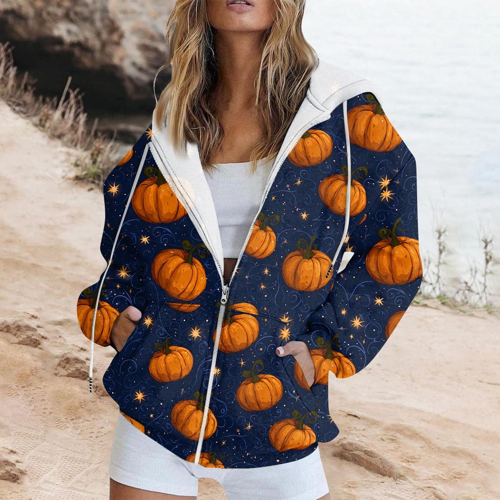 Женская модная повседневная толстовка с принтом на Хэллоуин, длинный рукав с карманом, кардиган, куртка, пальто с капюшоном на молнии