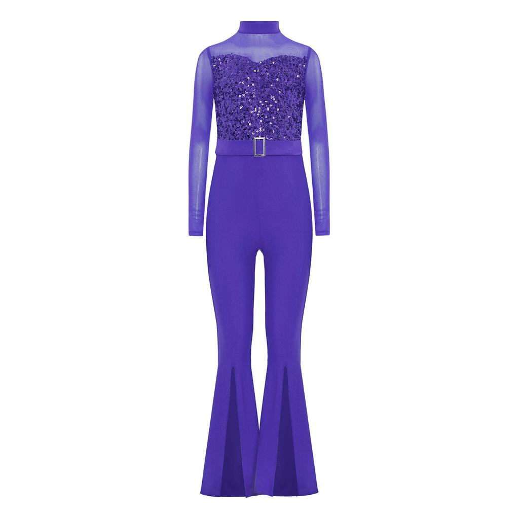Костюм для джазового танца для девочек, комбинезон с длинными рукавами и вырезом на спине из прозрачной сетки, расширяющийся книзу, с пайетками