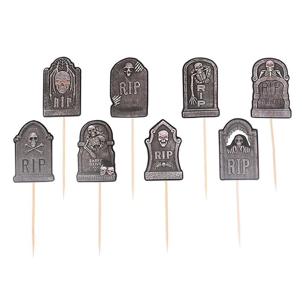 8pcs Paper Halloween Tombstone Cupcake Toppers Scary Cake Sign Graveyard Cake Picks Ghost Festival
