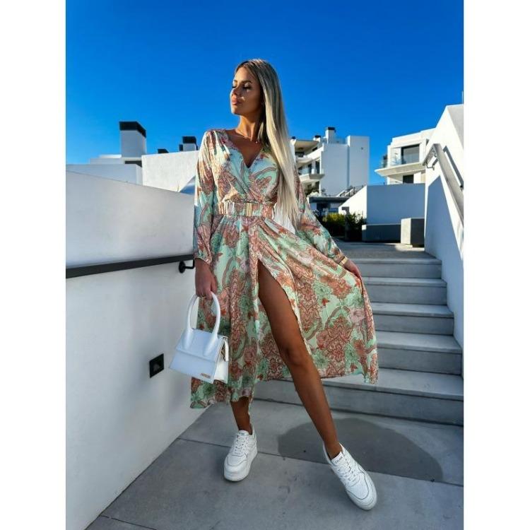 Богемное длинное платье с цветочным принтом, элегантное платье-свинг с глубоким V-образным вырезом, длинными рукавами и высоким разрезом, с поясом, женские пляжные платья, сексуальное