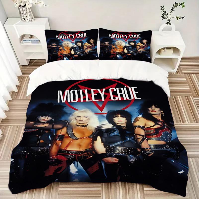 Набор пододеяльников Motley Crue, Glam Metal, 3 предмета - Можно стирать в машине, Включает 1 пододеяльник и 2 наволочки, Наполнитель не входит в комплект, Для дома, Все сезоны