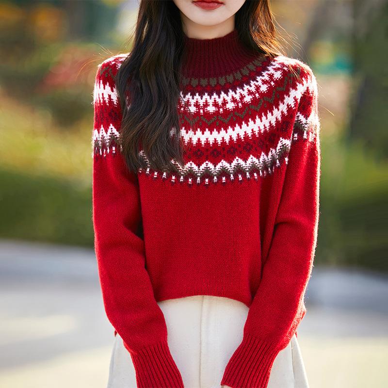 Red Retro Jacquard Wool Sweater For Women Looking Thin And Lazy Style Turtleneck Thickened Sweater Loose Knit Bottoming Shirt New