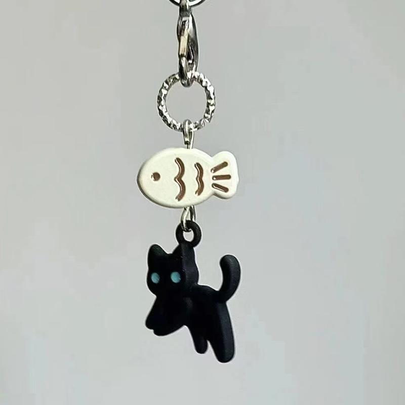 Милый брелок с черным котом, мультяшная цепочка для мобильного телефона, подвеска для камеры, декоративная цепочка для сумки, кавайный брелок