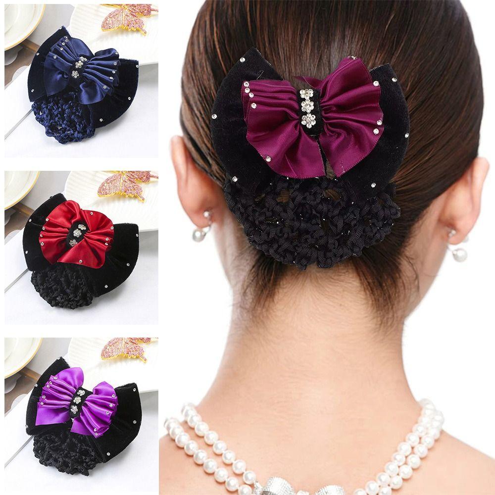 1Pcs Satin Bow Net Bun Hair Cover Bowknot Elastic Hairnet Nurse Stewardess Bun Snood for Women