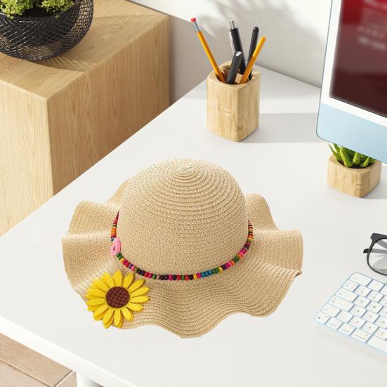 Шляпа от солнца для мальчиков и девочек, солнцезащитный дизайн, дышащая пляжная шляпа, волнистые поля, желтые цветы, бусины, плетеная соломенная шляпа