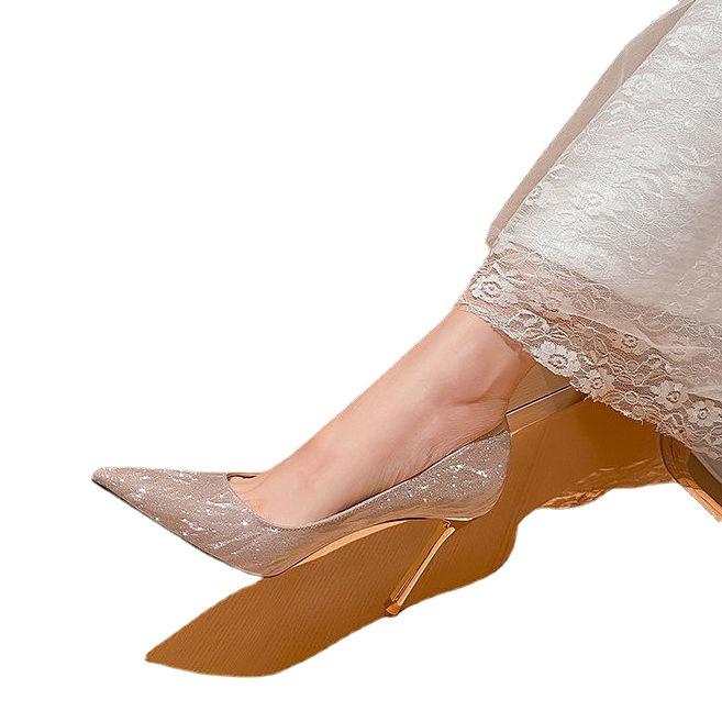 Summer New Ladies Champagne Color Main Wedding Dress Bridal Wedding Shoes New Style with Dress Banquet Pointed Toe 8cm Female Stiletto High Heels