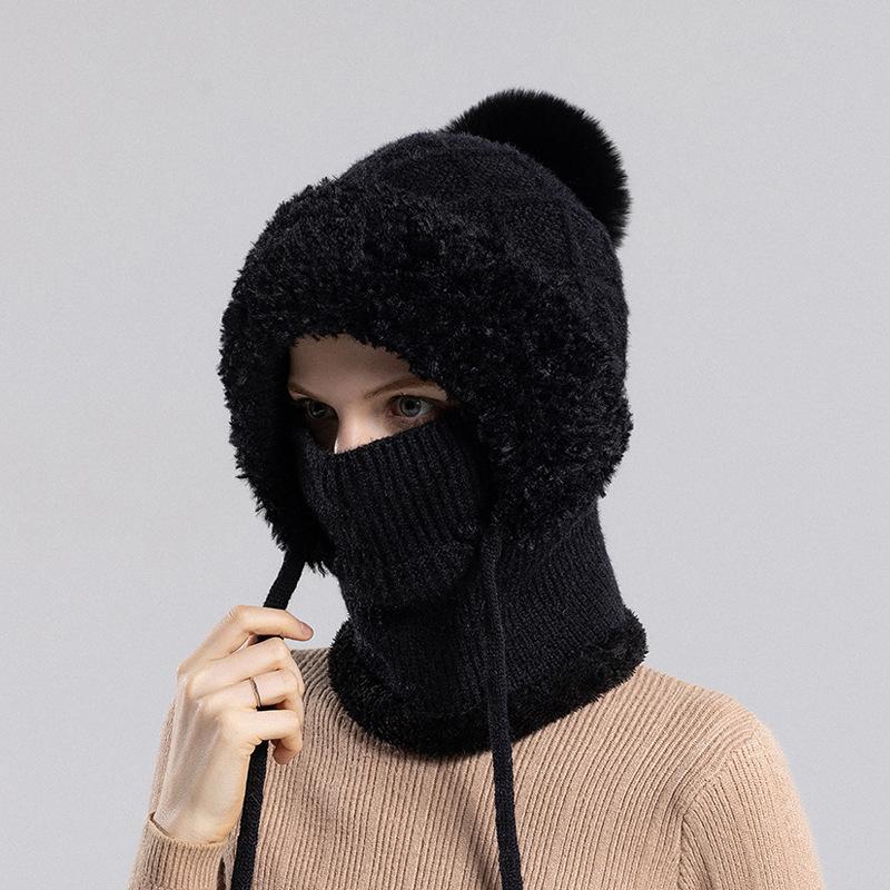 Women Winter Velvet Knitted Hat Ear Protection Fluffy Hat Mask Neck Integrated Warmth Cover Hat Lady Hooded Cap