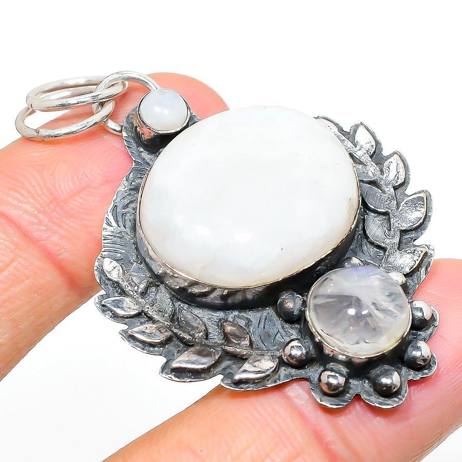 Natural Rainbow Moonstone Gemstone 925 Sterling Silver Pendant 2.25" r5F90