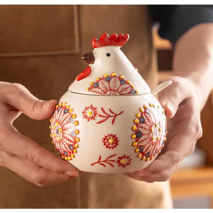 Cute Simple Little Chicken Seasoning Jar Creative Underglaze Painted Hand-painted Household Ceramic Container with Lid and Spoon