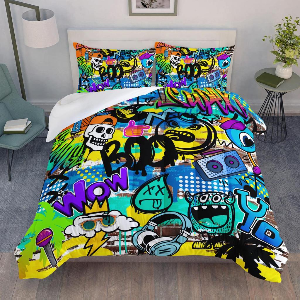 Rock Music Graffiti Duvet Set, Hip Hop Art Bedroom Supplies Quilt Set Three-Piece Set
