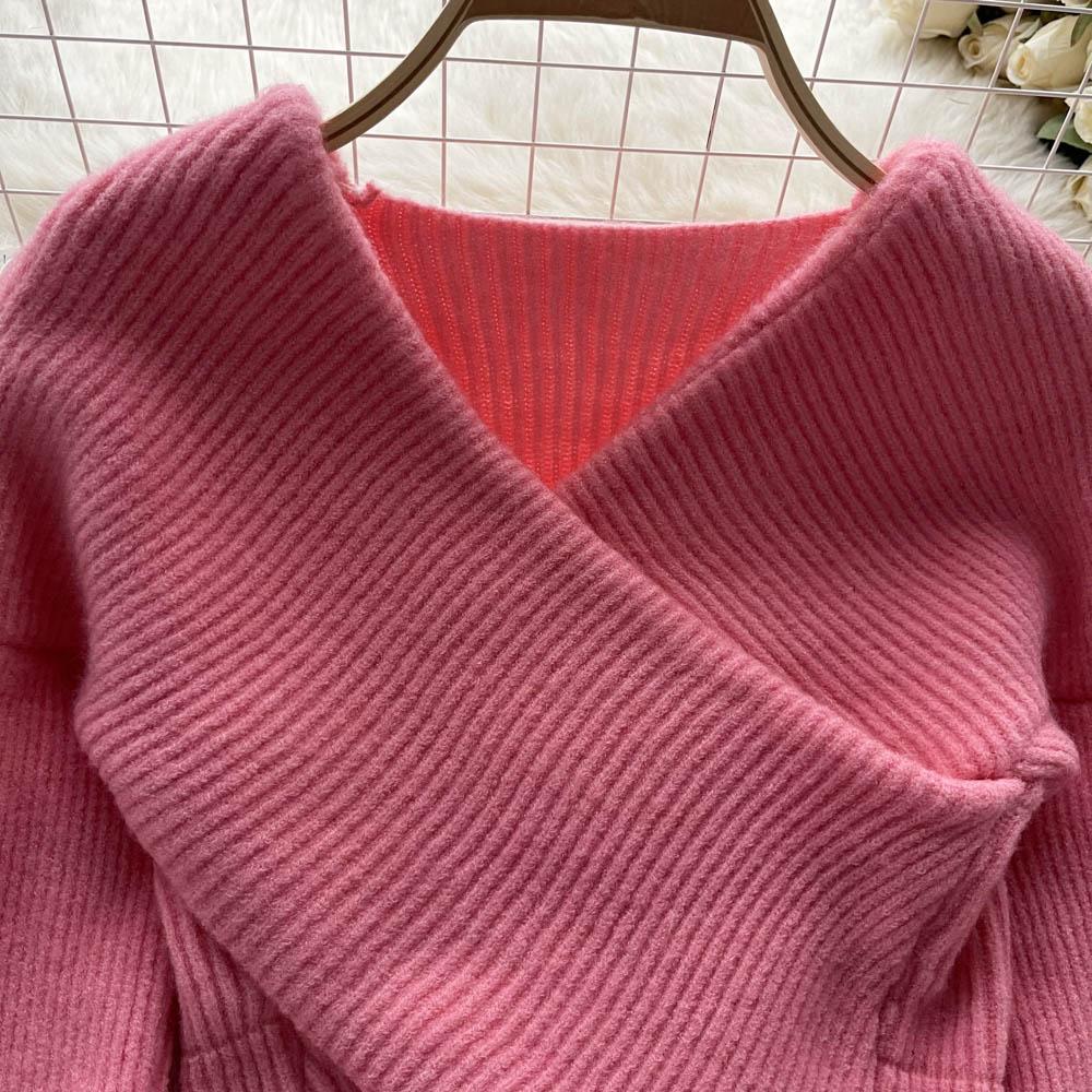 Осенне-зимний корейский свободный тонкий вязаный свитер с v-образным вырезом и нерегулярным ленивым ветром