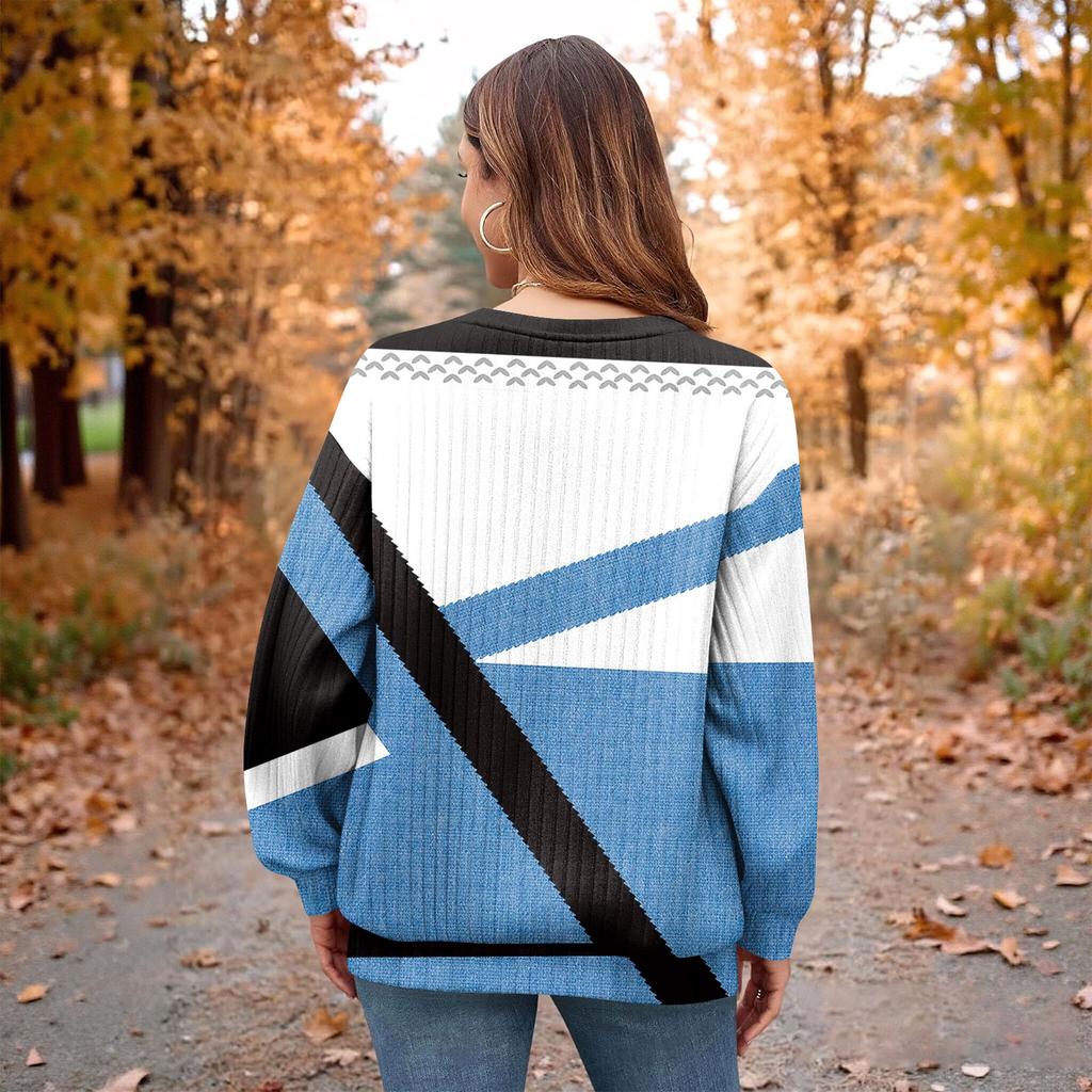 Women's Winter Color-Block Printed Lightweight Brushed-Cotton Round Neck Top