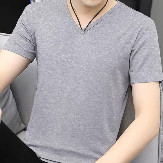 Летняя мужская футболка с V-образным вырезом из ледяного шелка, сплошной цвет, повседневный стиль, с коротким рукавом, приталенный пуловер, повседневная одежда, молодежный спортивный топ для подростков