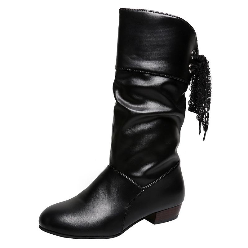 Autumn New Cross-border Large-size Student Medium Tube Knight Boots Women's Low-heeled Round Head Rear Lace-up Medium Tube Leather Boots Thin Boots