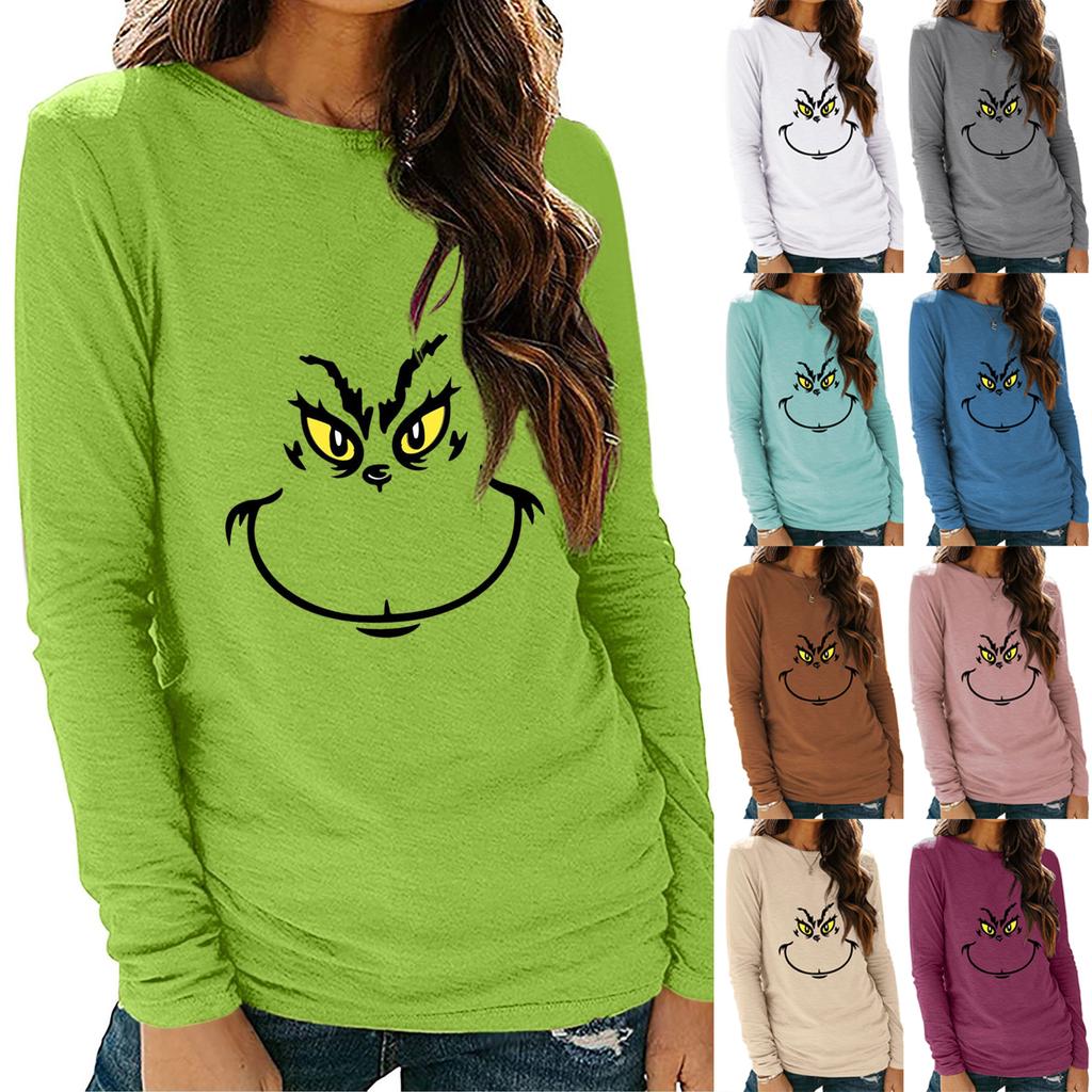 Women's Shirts Christmas Print Long Sleeve Round Neck Basic Loose Pullover Tee Top