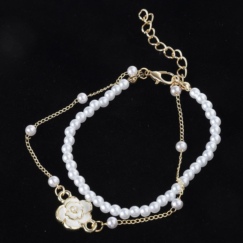 Элегантный двухслойный браслет с камелиями и имитацией жемчуга, женское модное украшение на запястье, идеально подходящее к любому наряду