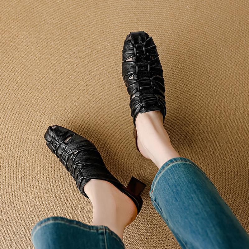 Мода 2025 Лето Новая Натуральная Кожа Ретро Полу-драг Мюли Женские Женские Высокий Каблук Квадратный Носок Повседневная Обувь Женские Шлепанцы