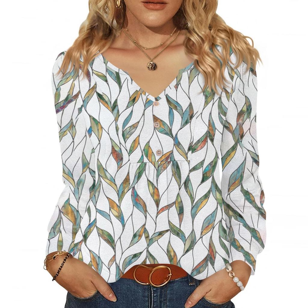 Женская модная повседневная блузка с V-образным вырезом на пуговицах, с длинным рукавом, пуловер, футболка, топ