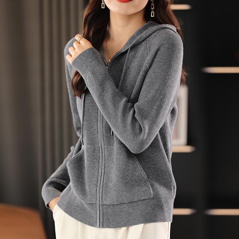 Women Autumn Winter Basis Sweater Hooded Collar Thicken Knitted Zipper Cardigan Pocket Top Women Coat