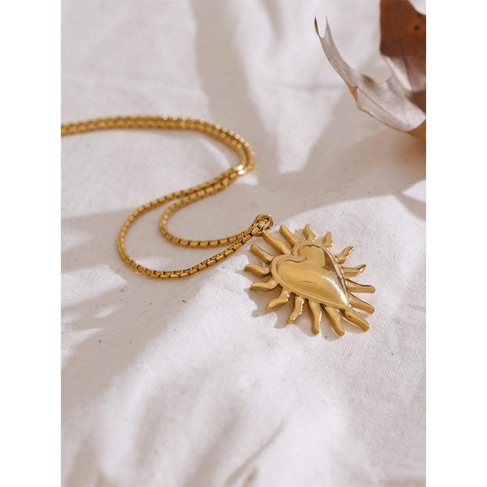Yhpup 2 Style Sun Heart Pendant Necklace Stainless Steel 18K Gold Color PVD Plated Tarnish Resistant Jewelry Accessory for Women