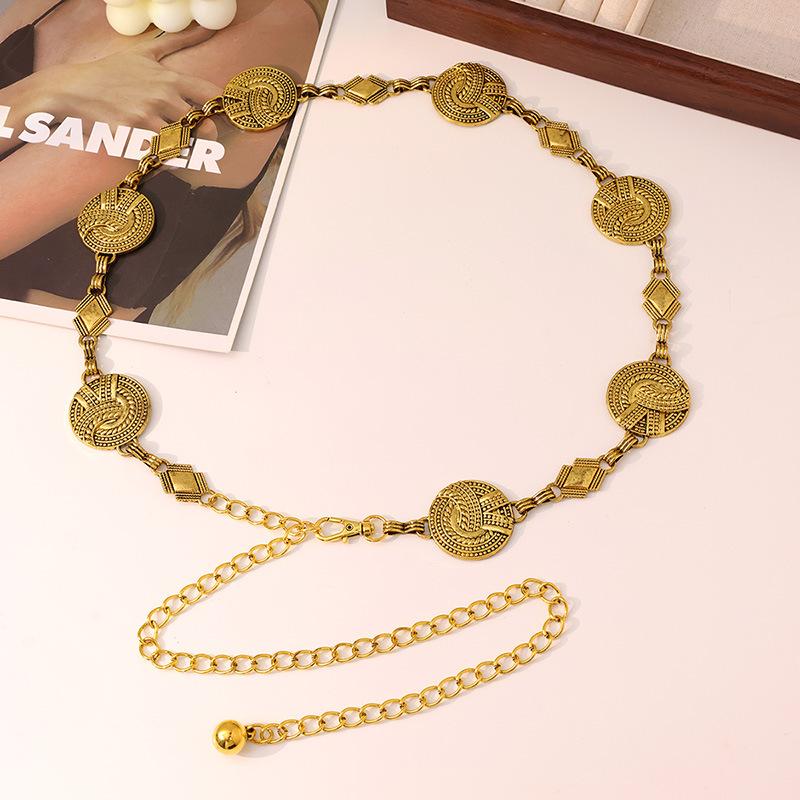 Европейская и американская старинная позолоченная почерневшая металлическая женская цепочка на талию в западном InS-стиле с ретро-резьбой