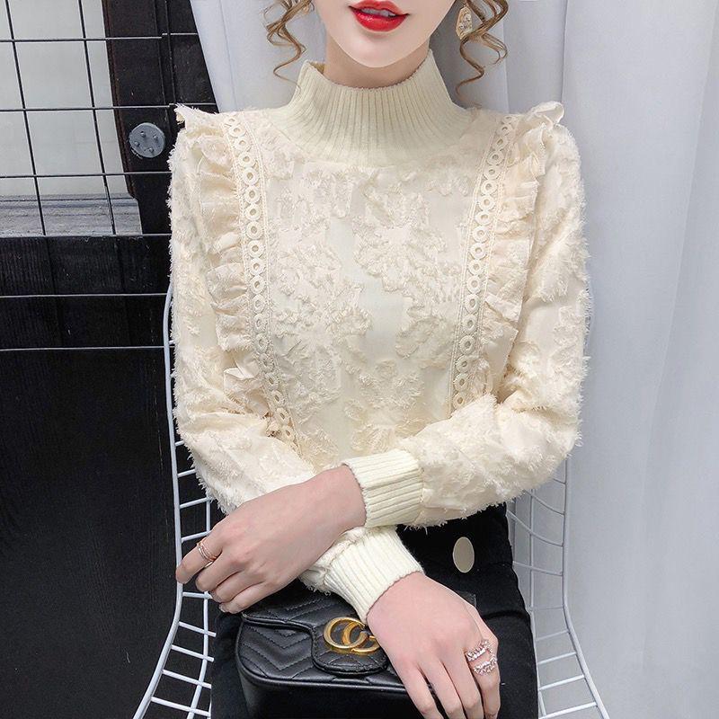 Elegant Velvet-Lined Lace Half-High Collar Shirt for Women - Autumn/Winter Collection