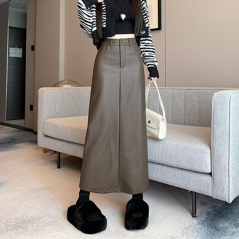 Кожаная юбка трапециевидного силуэта с разрезом для женщин, осень-зима, черная юбка-миди из искусственной кожи с высокой талией, черная корейская модная женская одежда