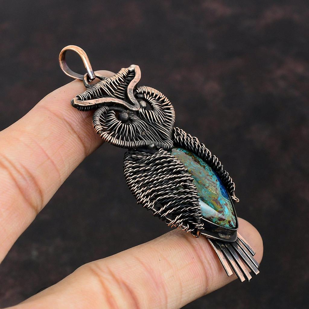 Azurite Malachite Pendant Copper Wire Wrapped Pendant Gemstone Copper Jewelry Handmade Pendant Wire Wrap Jewelry Owl Pendant Gift For Mother