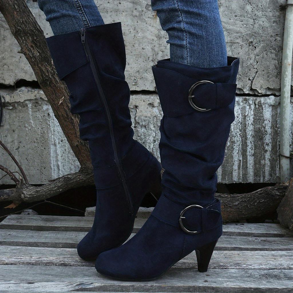 Women's Slouch Knee High Boots, Buckle Strap Side Zipper High Heeled Boots, Comfortable Suedette Long Boots