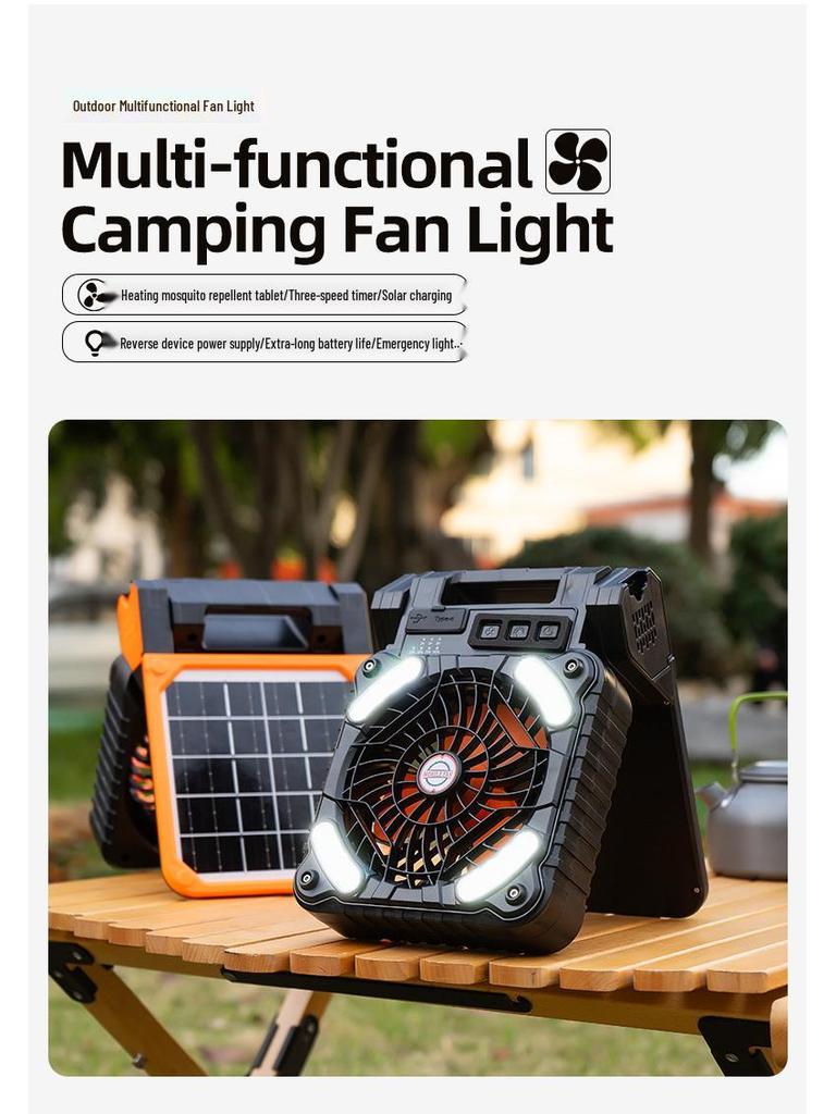 Solar-Powered Portable Camping Fan with USB Charging and LED Light