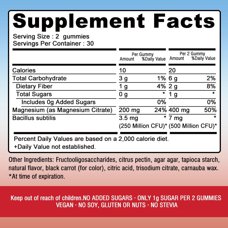 Magnesium citrate gummies, containing a blend of prebiotics and probiotics, 100 gummies per pack, suitable for adults, easily absorbed.