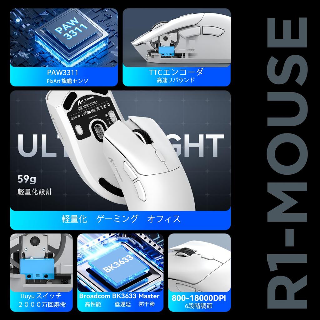 ATTACK SHARK X ZIYOU LANG R1 Gaming Mouse SUPERLIGHT Wireless PAW3311 18000DPI Wireless 59g Rechargeable Ergonomic White 2.4Ghz/Bluetooth/Type-C